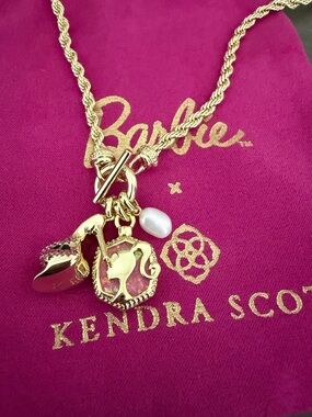 Barbie™ x Kendra Scott Charm Necklace Gold Pink Pearl Rare Limited Edition NWT